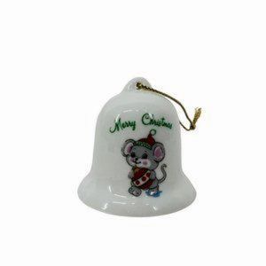 Vintage Russ Berrie Merry Christmas Mouse Bell Ornament 2" Porcelain Taiwan